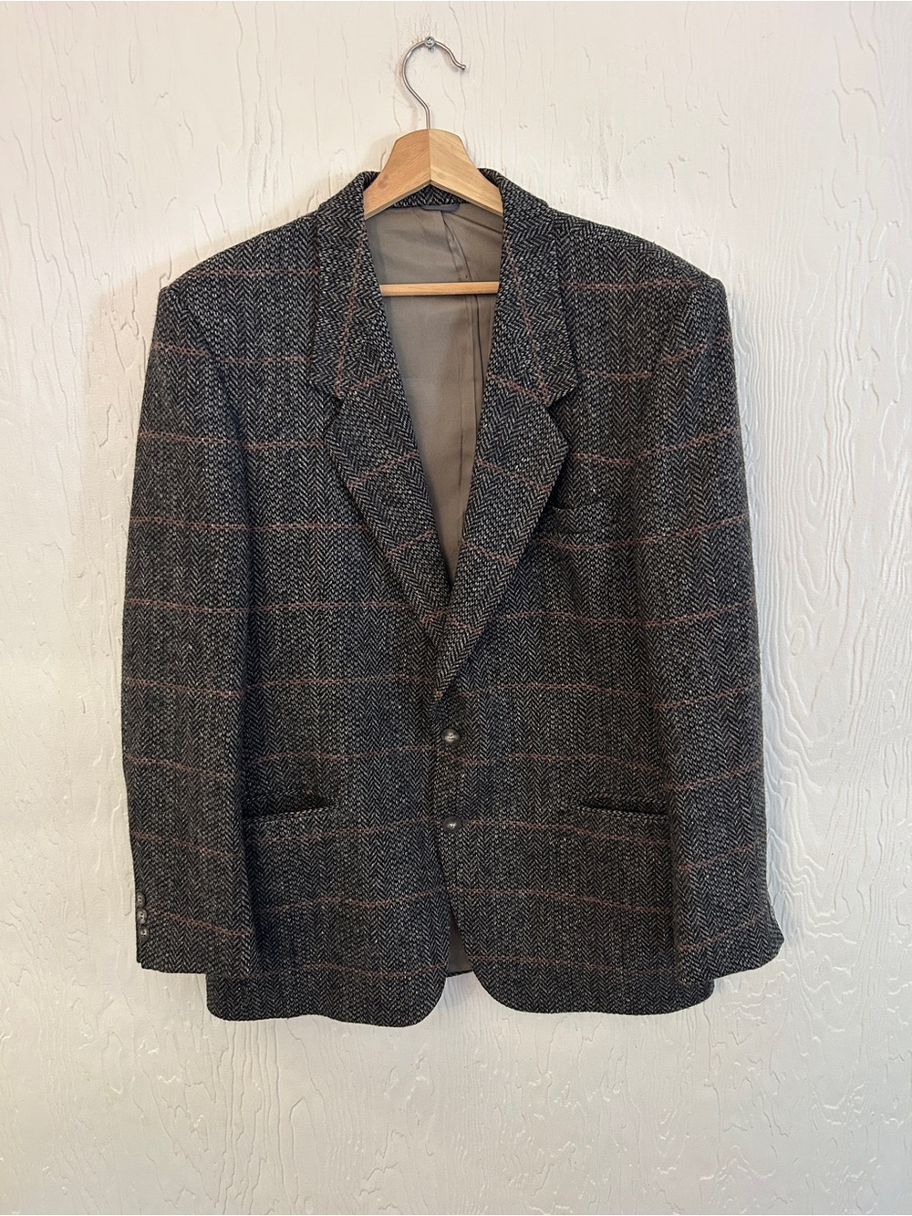 VINTAGE 100% Wool Men's Blazer Suit Jacket Sz 44 Grey Houndstooth Academic Fall